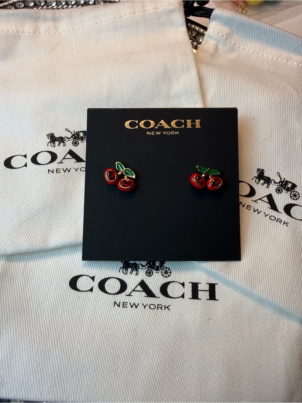 Coach Red Cherry Enamel Stud Earrings with Green Leaves - Picture 3 of 3